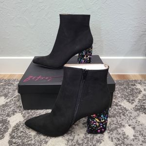Betsey Johnson Black Ankle Boots with Multicolor Heel